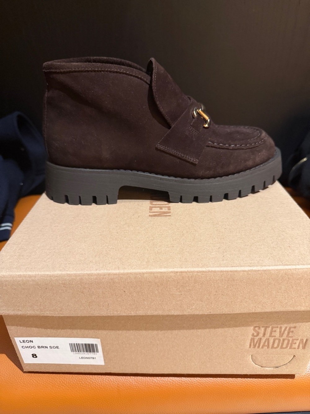 Steve Madden Dark Brown Suede Lug Sole Loafer with Gold Bit-Brand New With Box